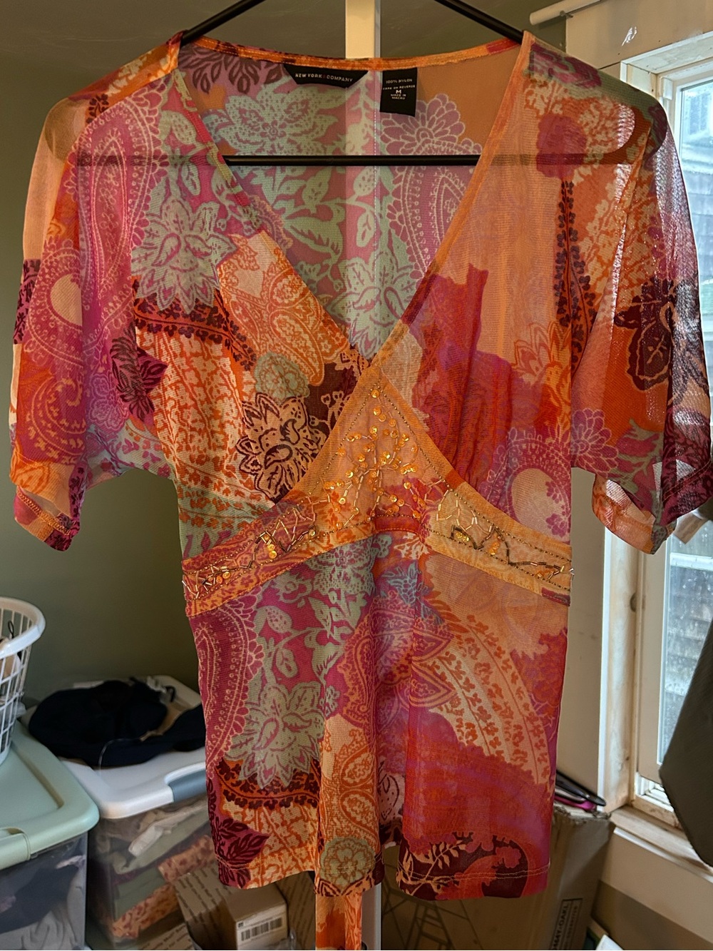 New York & Company Pink & Peach Sheer Blouse